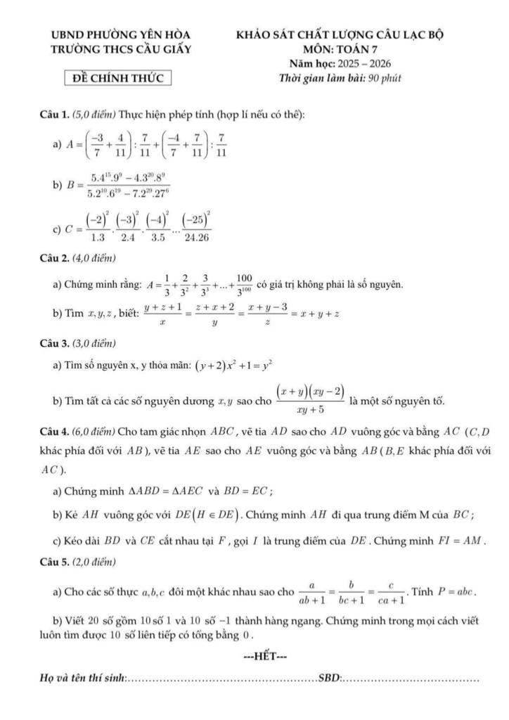 đề khảo sát clb toán 7 năm 2025 – 2026 trường thcs cầu giấy – hà nội