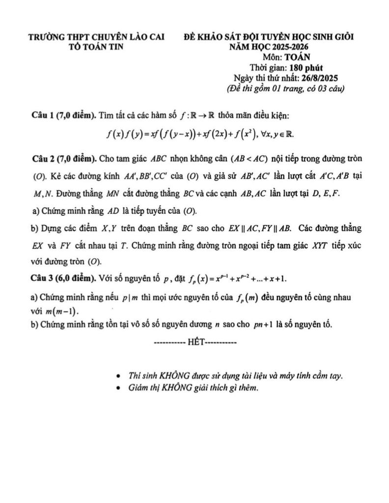 đề khảo sát đội tuyển hsg toán năm 2025 – 2026 trường thpt chuyên lào cai 0
