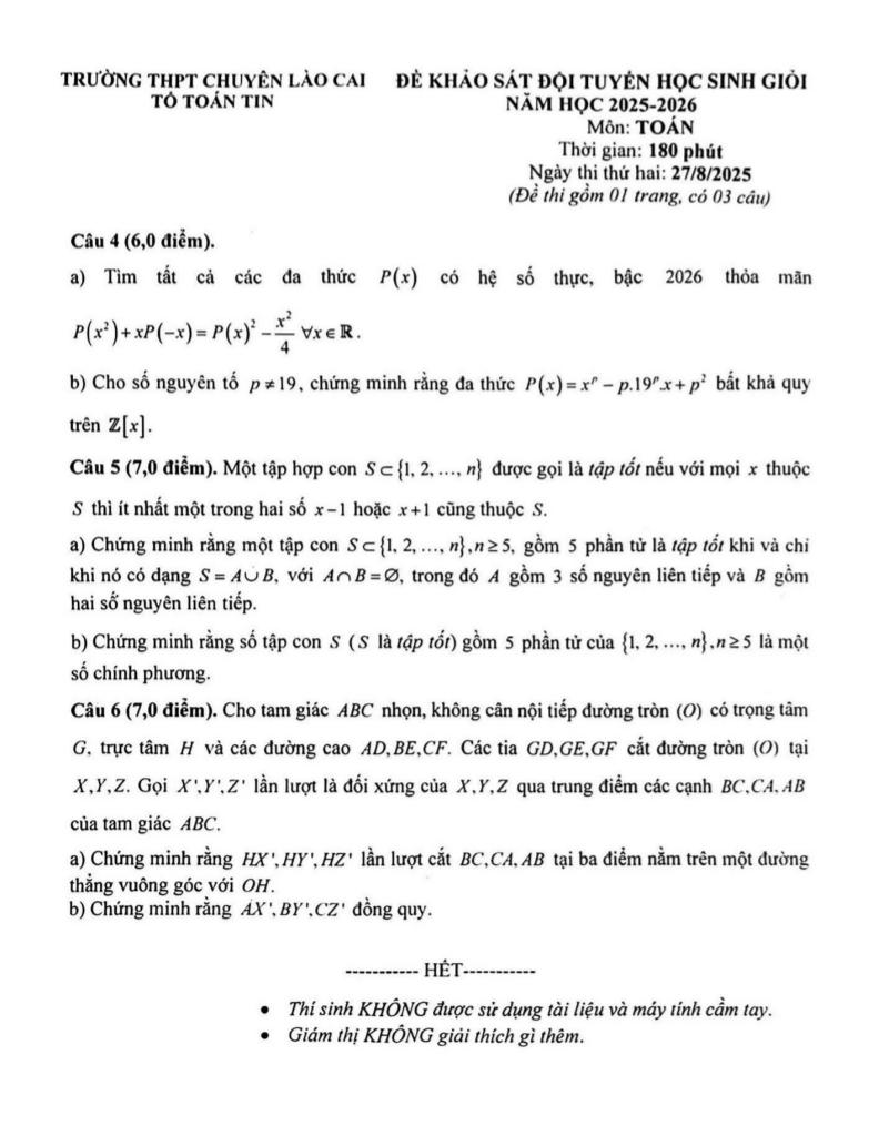 đề khảo sát đội tuyển hsg toán năm 2025 – 2026 trường thpt chuyên lào cai 1