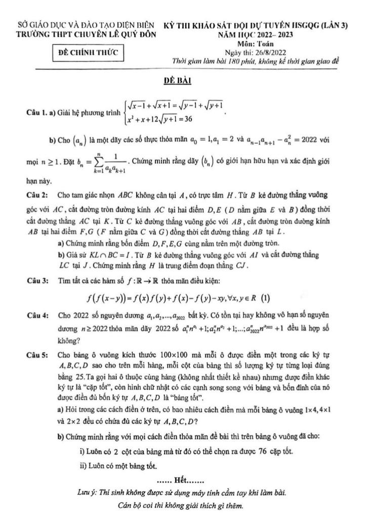 đề khảo sát đội tuyển hsgqg toán năm 2022 – 2023 chuyên lê quý đôn – điện biên