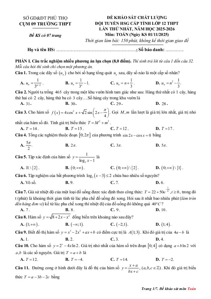 đề khảo sát hsg toán 12 lần 1 năm 2025 – 2026 cụm 09 trường thpt – phú thọ 0