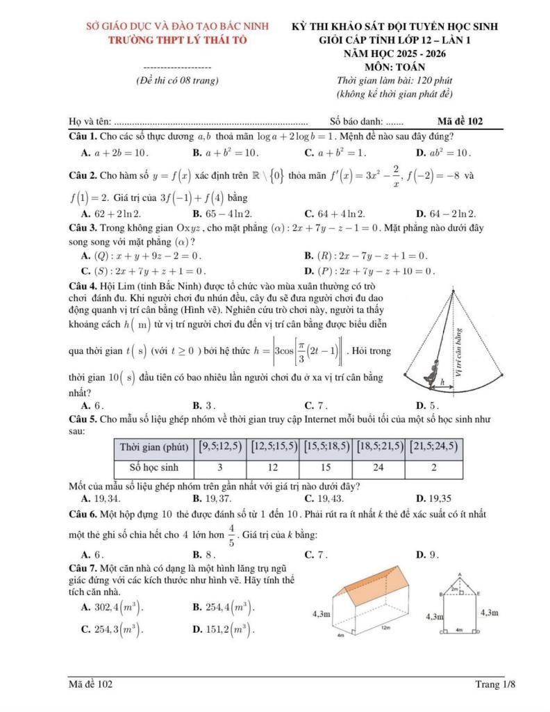 đề khảo sát hsg toán 12 lần 1 năm 2025 – 2026 trường thpt lý thái tổ – bắc ninh 0