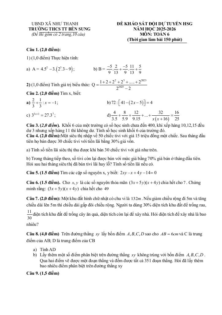 đề khảo sát hsg toán 6 năm 2025 – 2026 trường thcs tt bến sung – thanh hóa - hình 1