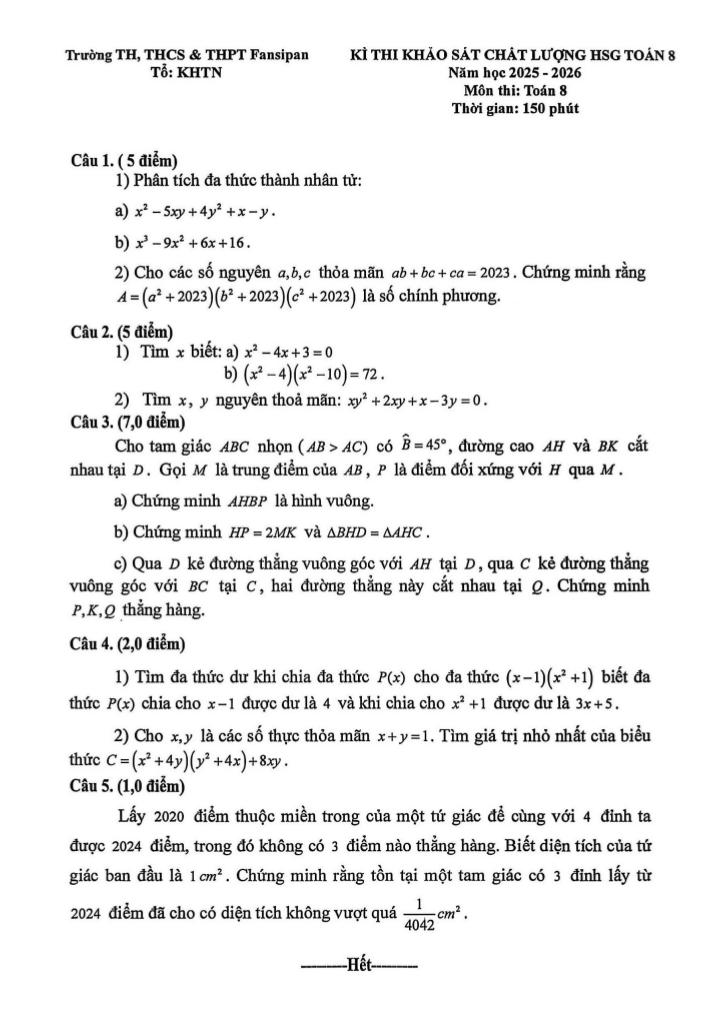 đề khảo sát hsg toán 8 năm 2025 – 2026 trường fansipan – thanh hóa