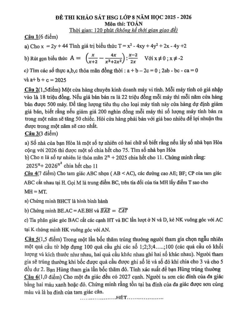 đề khảo sát hsg toán 8 năm 2025 – 2026 trường thcs lý nhật quang – nghệ an