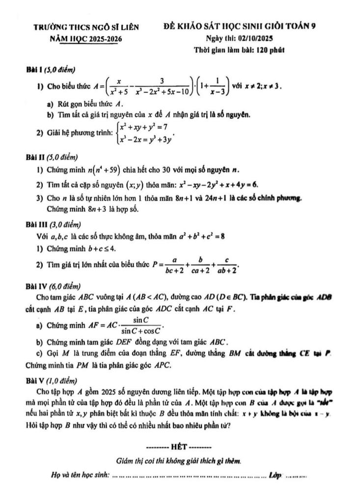 đề khảo sát hsg toán 9 năm 2025 – 2026 trường thcs ngô sĩ liên – hà nội
