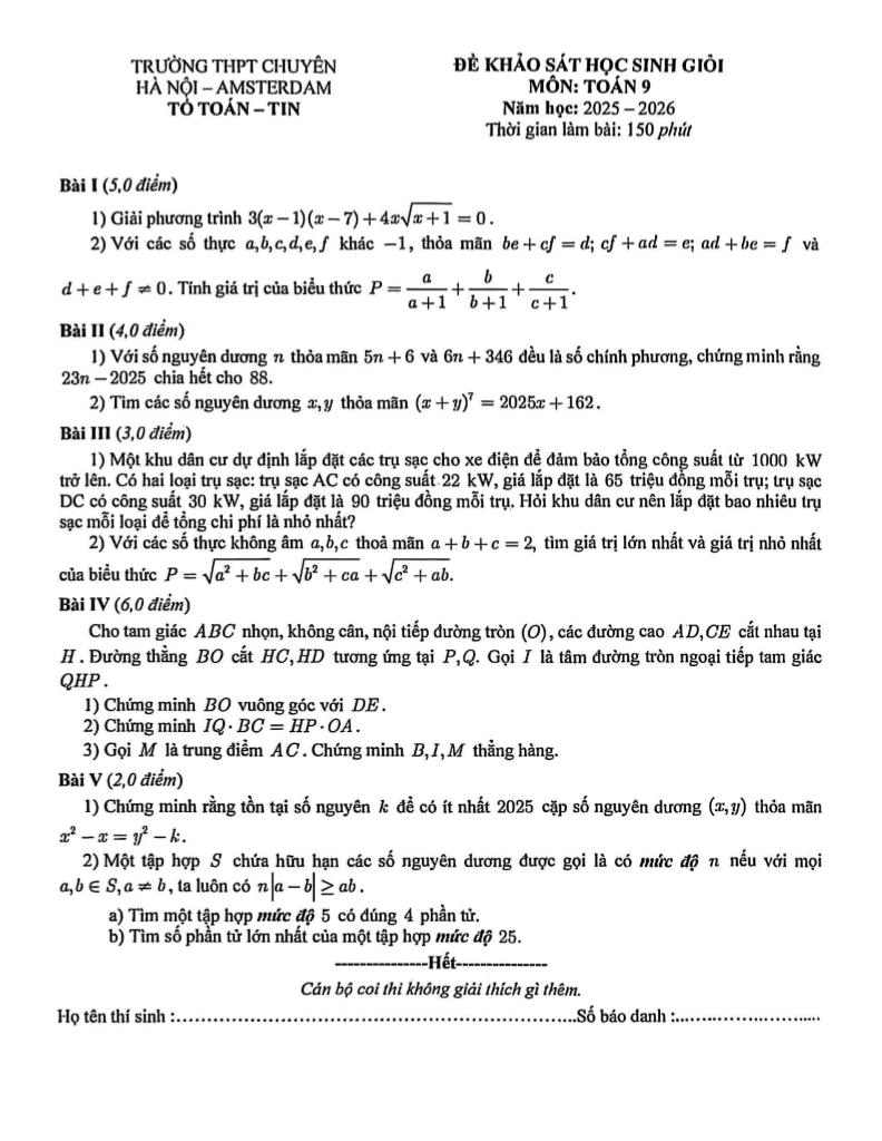 đề khảo sát hsg toán 9 năm 2025 – 2026 trường thpt chuyên hà nội – amsterdam