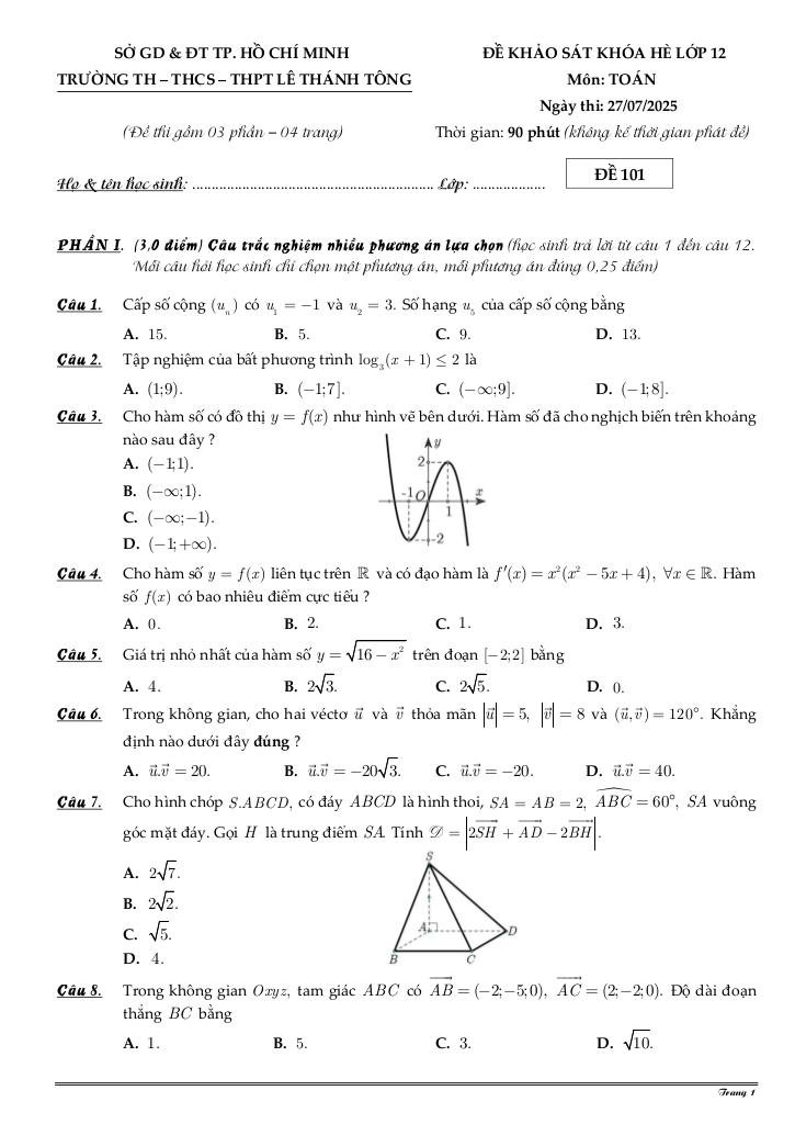 đề khảo sát khóa hè toán 12 năm 2025 – 2026 trường lê thánh tông – tp hcm 0