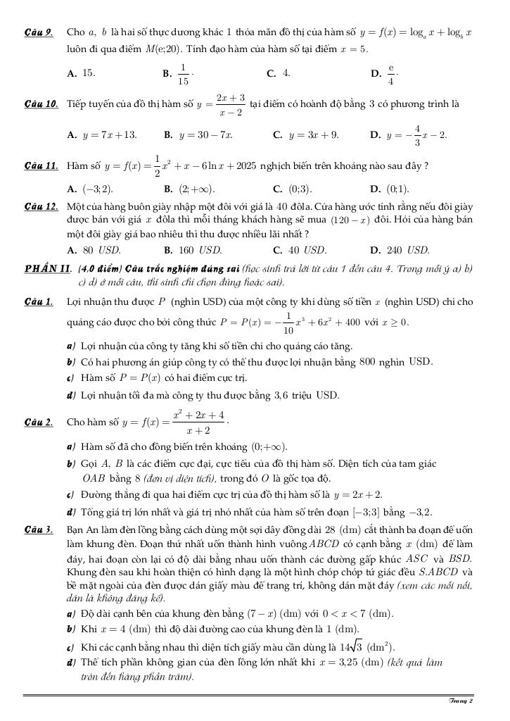 đề khảo sát khóa hè toán 12 năm 2025 – 2026 trường lê thánh tông – tp hcm 1