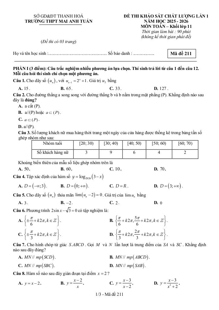 đề khảo sát lần 1 toán 11 năm 2025 – 2026 trường thpt mai anh tuấn – thanh hóa - hình 1