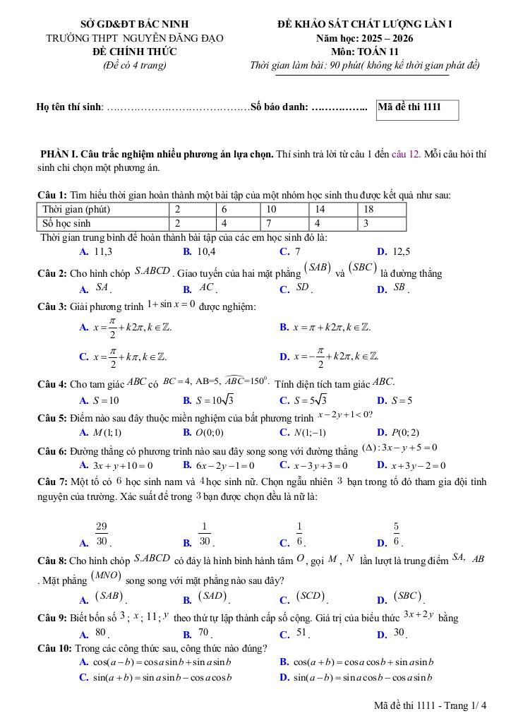 đề khảo sát lần 1 toán 11 năm 2025 – 2026 trường thpt nguyễn đăng đạo – bắc ninh 0