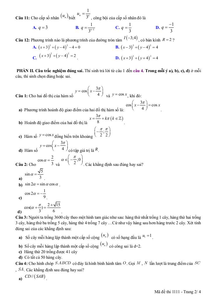 đề khảo sát lần 1 toán 11 năm 2025 – 2026 trường thpt nguyễn đăng đạo – bắc ninh 1