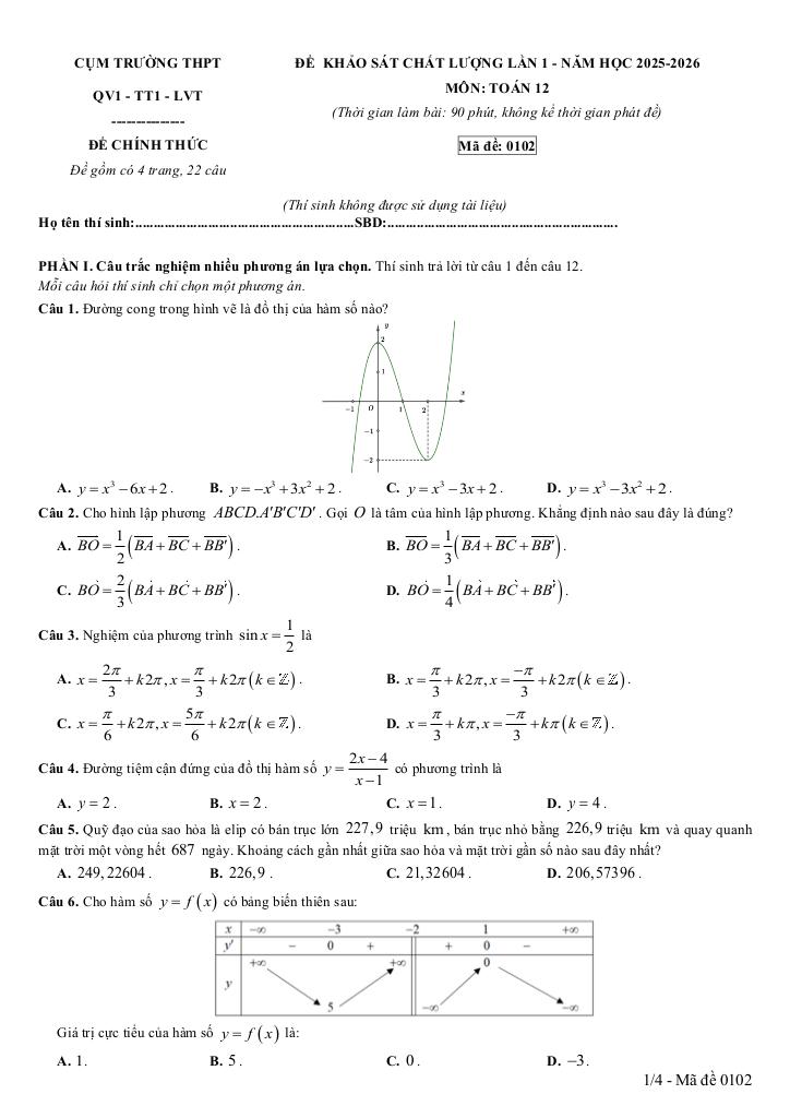 đề khảo sát lần 1 toán 12 năm 2025 – 2026 cụm trường thpt qv1-tt1-lvt – bắc ninh 4