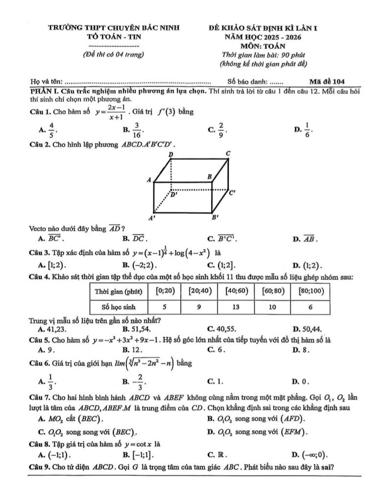 đề khảo sát lần 1 toán 12 năm 2025 – 2026 trường thpt chuyên bắc ninh 0
