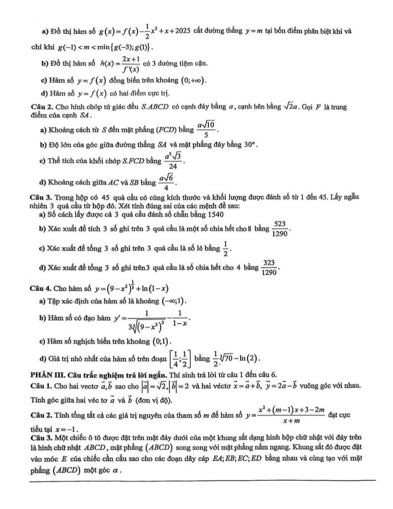 đề khảo sát lần 1 toán 12 năm 2025 – 2026 trường thpt chuyên bắc ninh 2