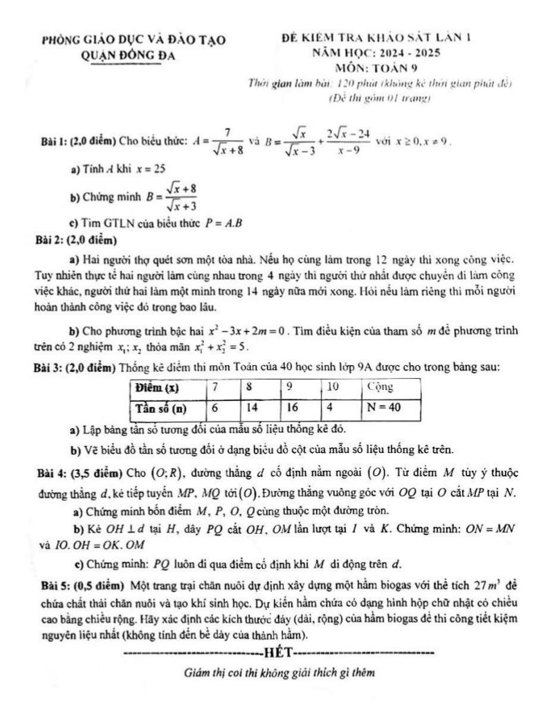 đề khảo sát lần 1 toán 9 năm 2024 – 2025 phòng gd&đt đống đa – hà nội