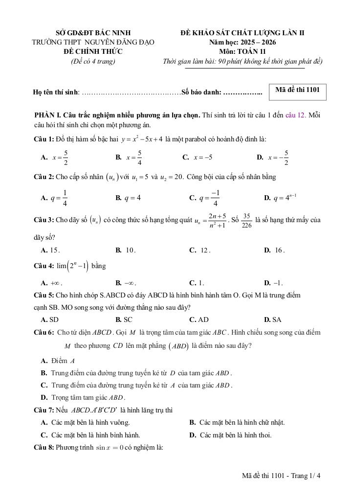 đề khảo sát lần 2 toán 11 năm 2025 – 2026 trường thpt nguyễn đăng đạo – bắc ninh - hình 1