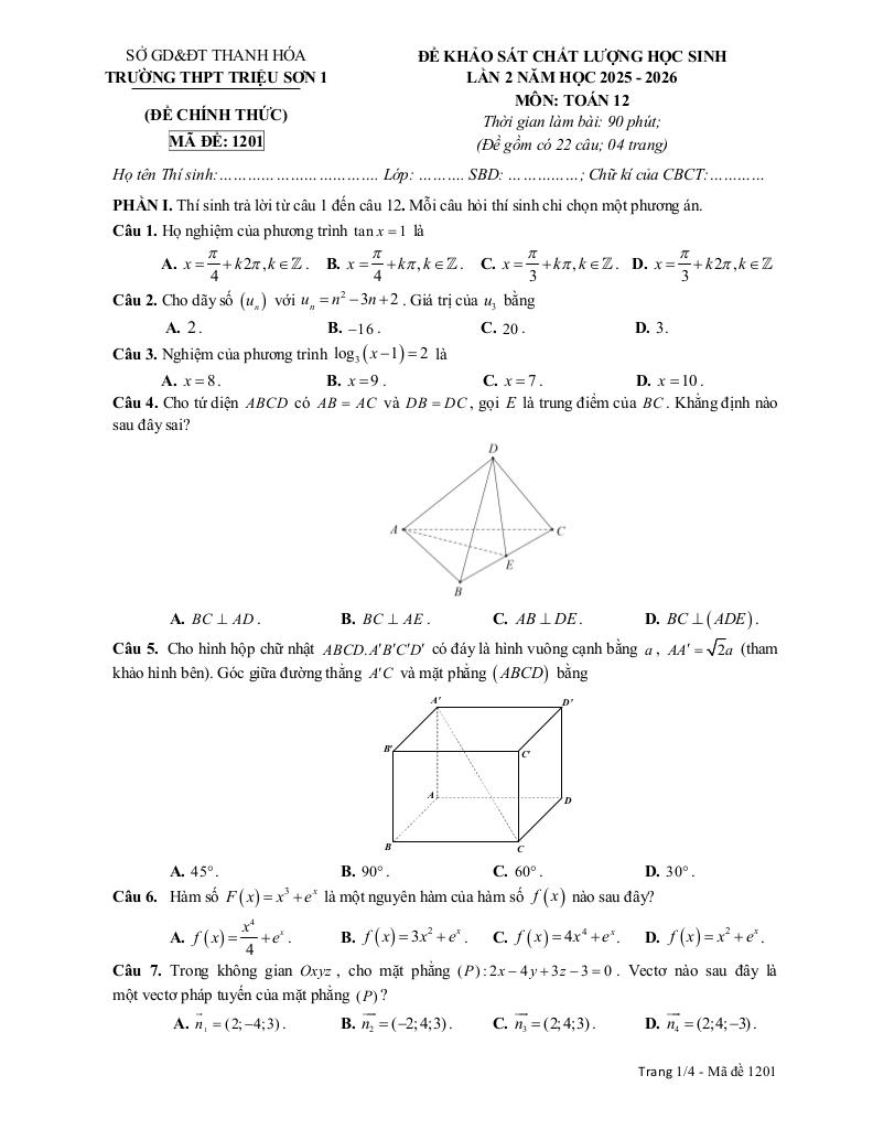đề khảo sát lần 2 toán 12 năm 2025 – 2026 trường thpt triệu sơn 1 – thanh hóa - hình 1