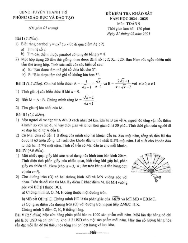 đề khảo sát tháng 2 toán 9 năm 2024 – 2025 phòng gd&đt thanh trì – hà nội