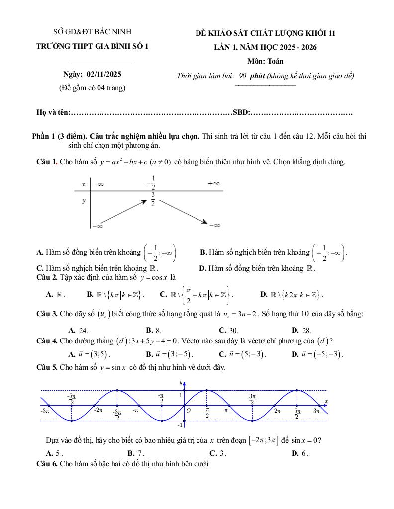 đề khảo sát toán 11 lần 1 năm 2025 – 2026 trường thpt gia bình 1 – bắc ninh 0