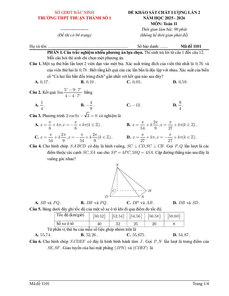 đề khảo sát toán 11 lần 2 năm 2025 – 2026 trường thpt thuận thành 1 – bắc ninh - hình 1
