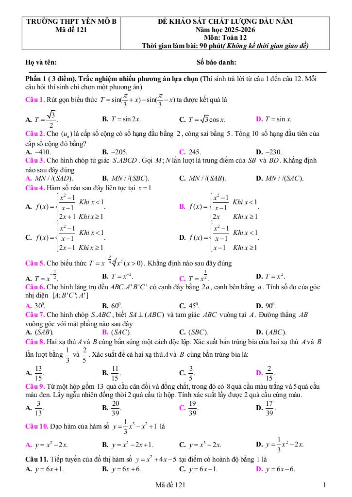 đề khảo sát toán 12 đầu năm 2025 – 2026 trường thpt yên mô b – ninh bình 0