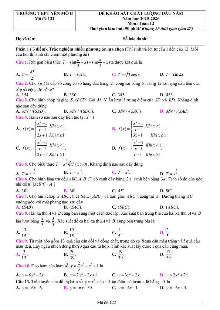 đề khảo sát toán 12 đầu năm 2025 – 2026 trường thpt yên mô b – ninh bình 3