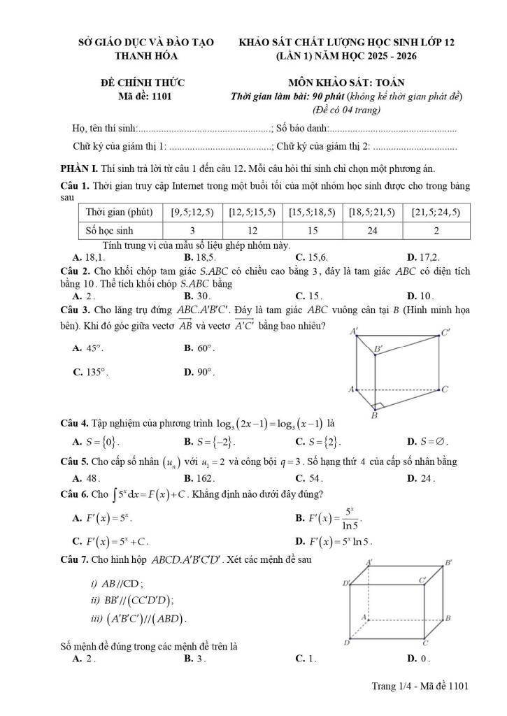 đề khảo sát toán 12 lần 1 năm 2025 – 2026 sở gd&đt thanh hóa - hình 1