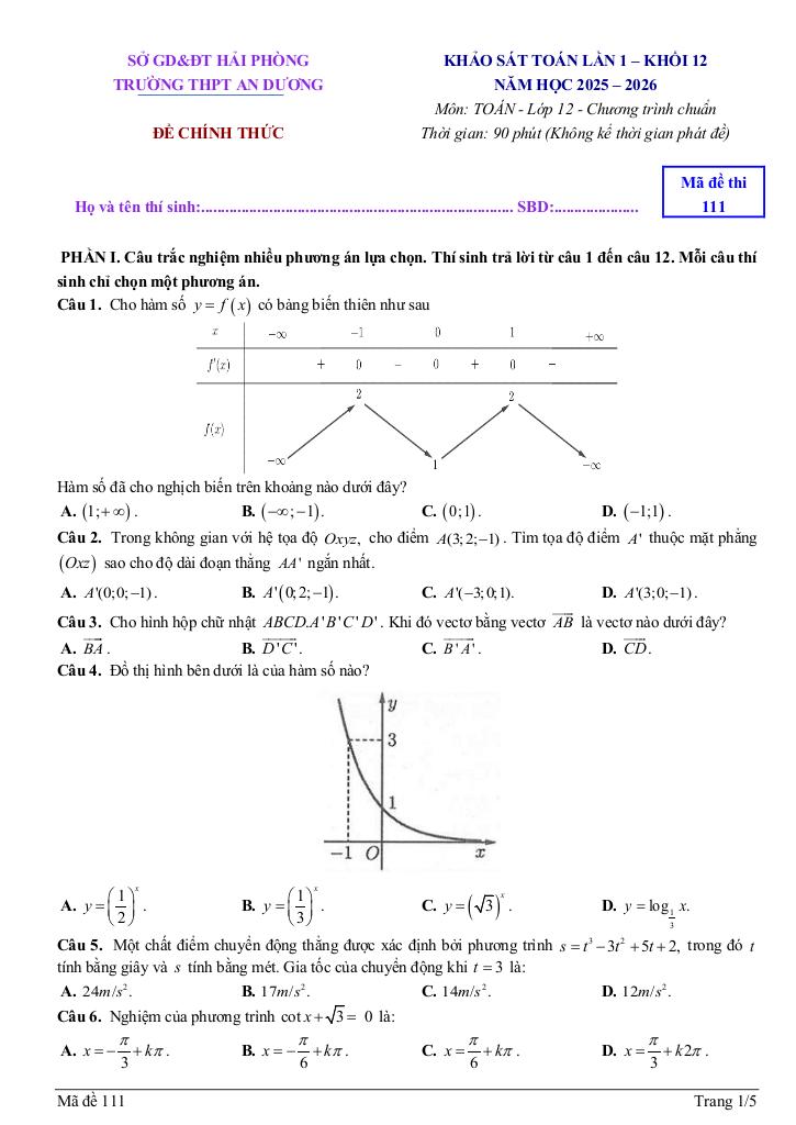đề khảo sát toán 12 lần 1 năm 2025 – 2026 trường thpt an dương – hải phòng 5