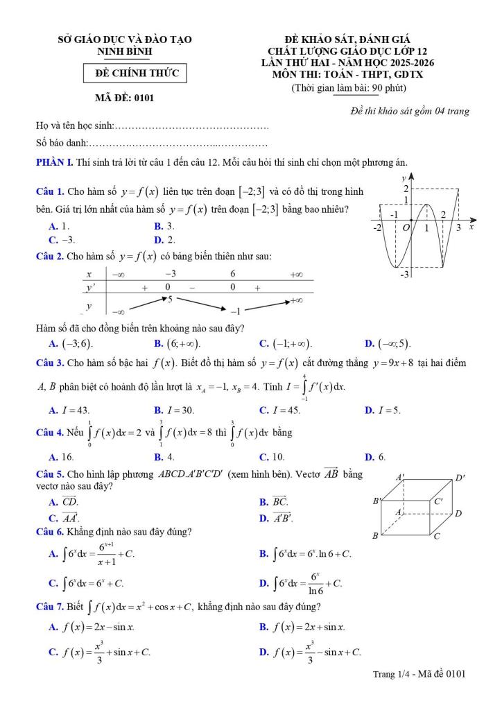 đề khảo sát toán 12 lần 2 năm 2025 – 2026 sở gd&đt ninh bình - hình 1