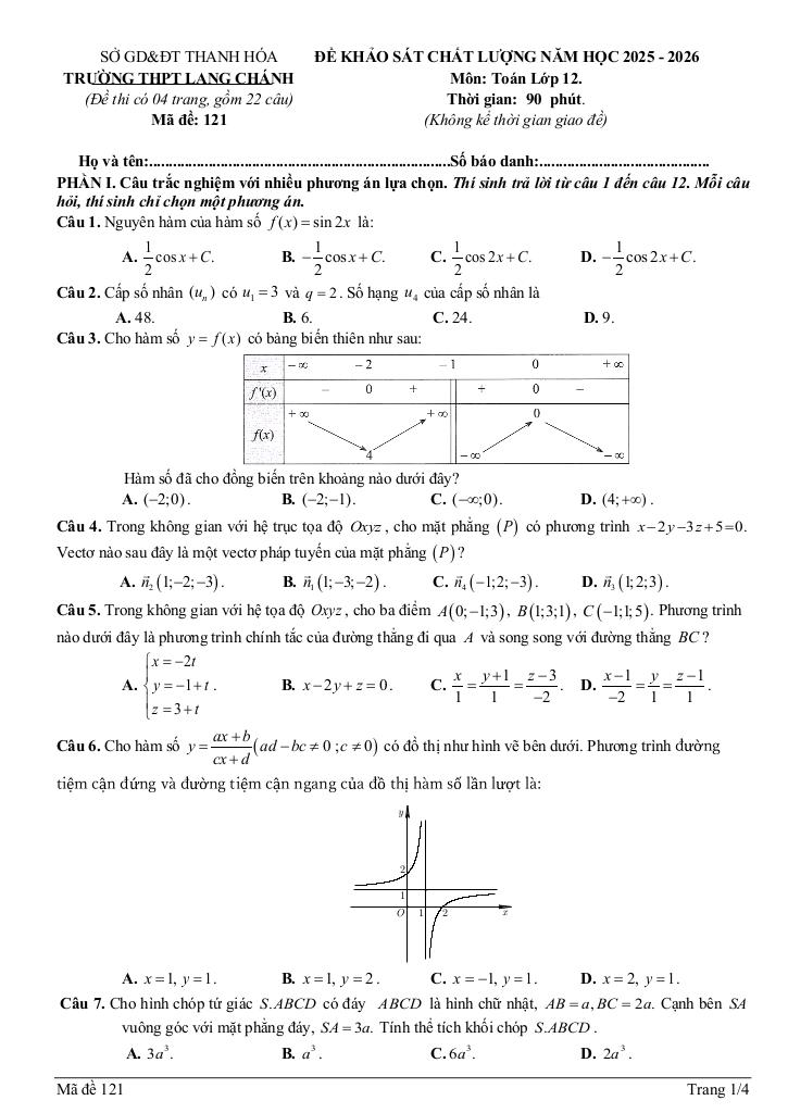 đề khảo sát toán 12 năm 2025 – 2026 trường thpt lang chánh – thanh hóa - hình 1