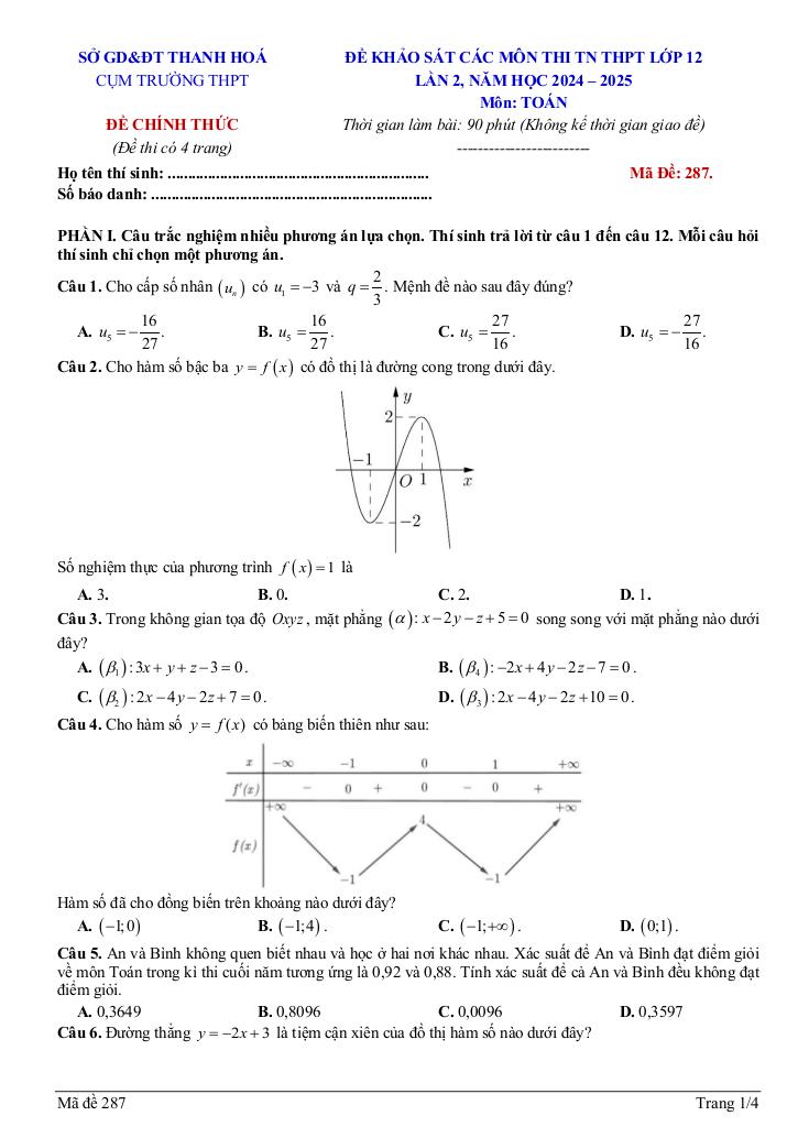 đề khảo sát toán 12 thi tn thpt 2025 lần 2 cụm trường thpt – thanh hóa 4