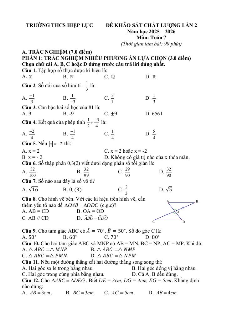 đề khảo sát toán 7 lần 2 năm 2025 – 2026 trường thcs hiệp lực – hải phòng - hình 1
