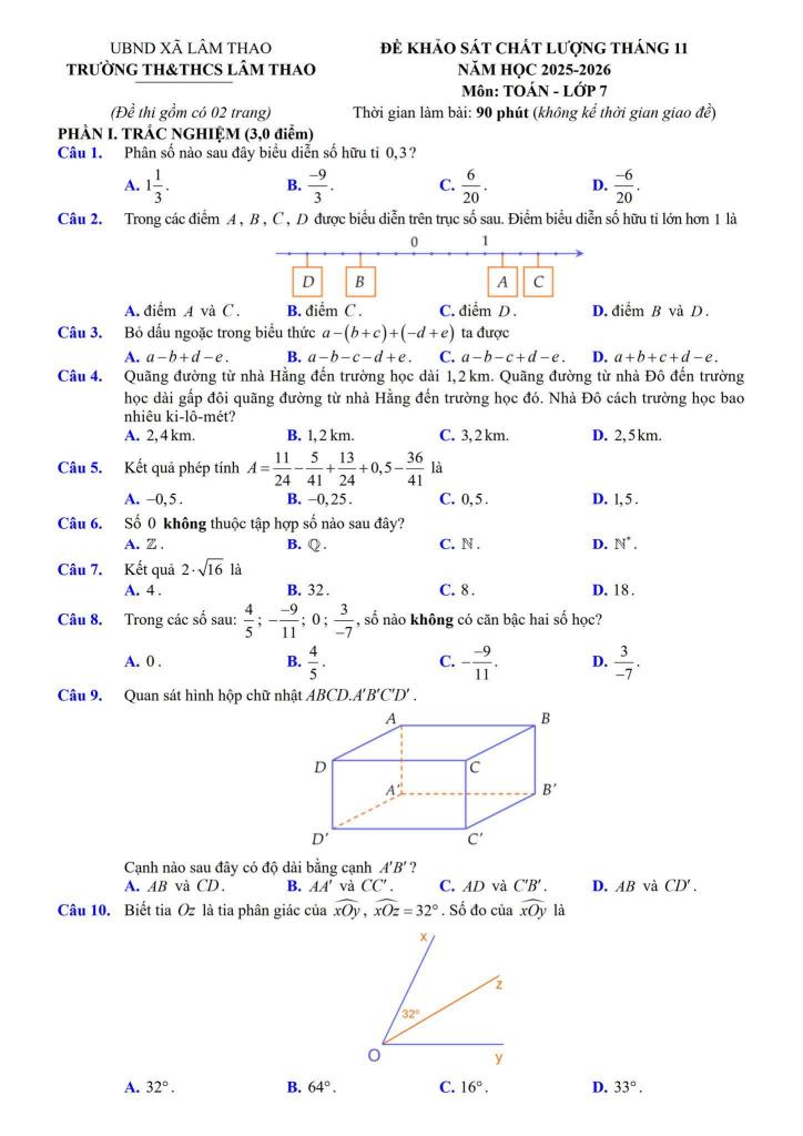 đề khảo sát toán 7 tháng 11 năm 2025 trường th&thcs lâm thao – bắc ninh 0