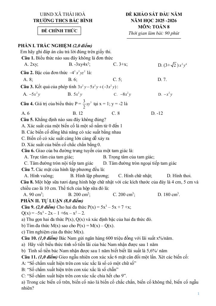 đề khảo sát toán 8 đầu năm 2025 – 2026 trường thcs bắc bình – phú thọ 0