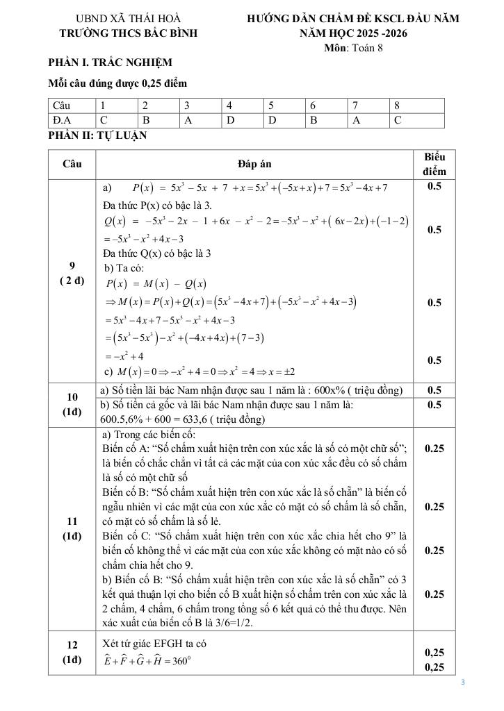 đề khảo sát toán 8 đầu năm 2025 – 2026 trường thcs bắc bình – phú thọ 2