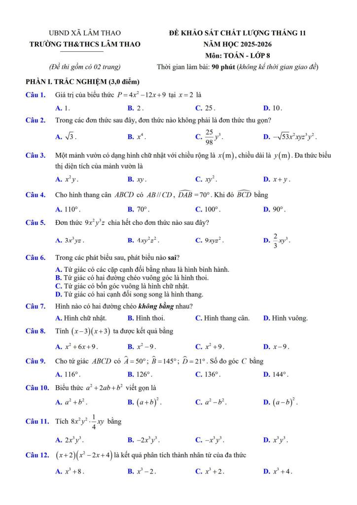 đề khảo sát toán 8 tháng 11 năm 2025 trường th&thcs lâm thao – bắc ninh 0