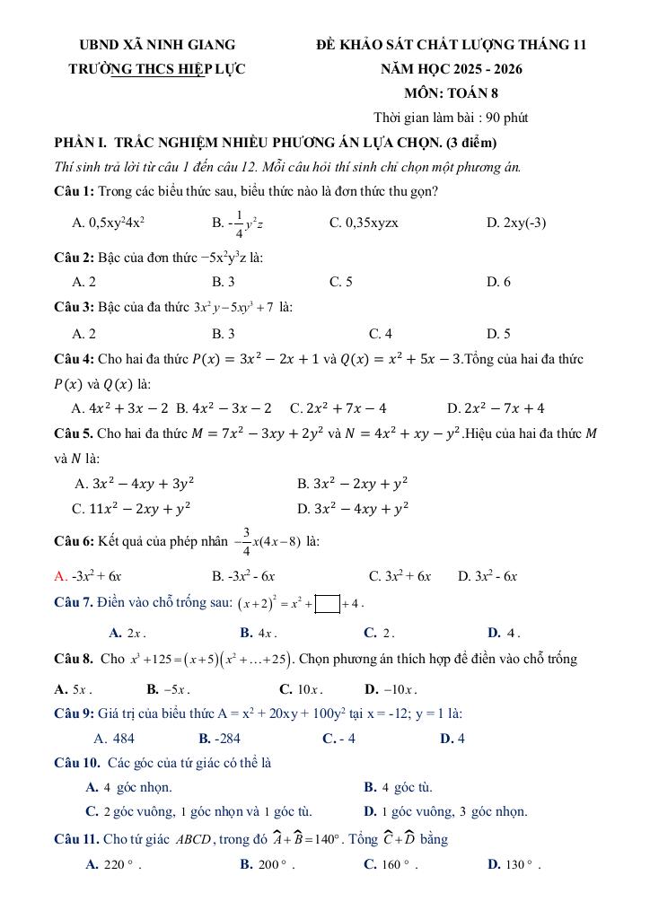 đề khảo sát toán 8 tháng 11 năm 2025 trường thcs hiệp lực – hải phòng - hình 1