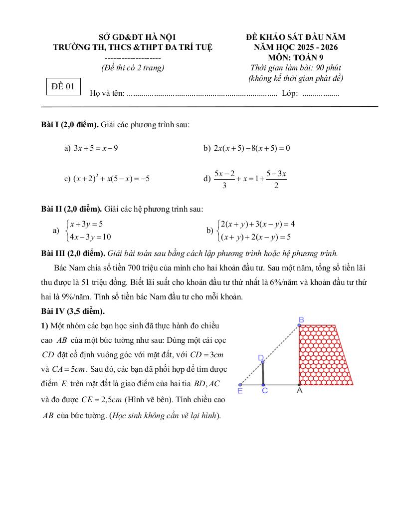 đề khảo sát toán 9 đầu năm 2025 – 2026 trường đa trí tuệ – hà nội 0