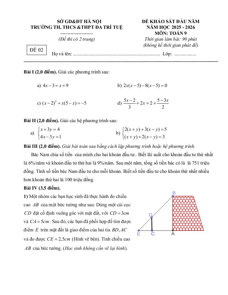 đề khảo sát toán 9 đầu năm 2025 – 2026 trường đa trí tuệ – hà nội 6