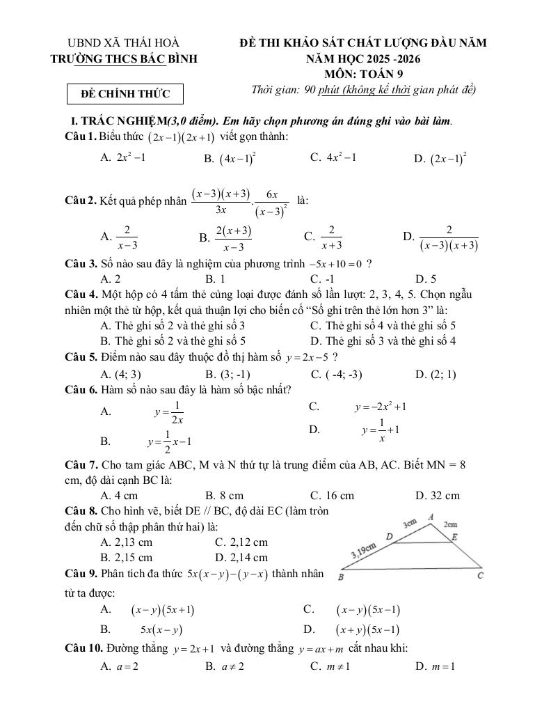 đề khảo sát toán 9 đầu năm 2025 – 2026 trường thcs bắc bình – phú thọ 0