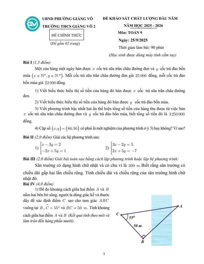 đề khảo sát toán 9 đầu năm 2025 – 2026 trường thcs giảng võ 2 – hà nội 0