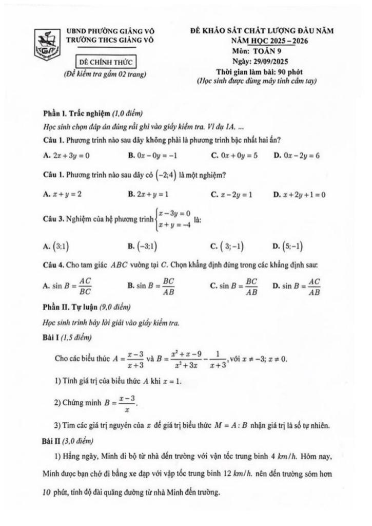 đề khảo sát toán 9 đầu năm 2025 – 2026 trường thcs giảng võ – hà nội 0