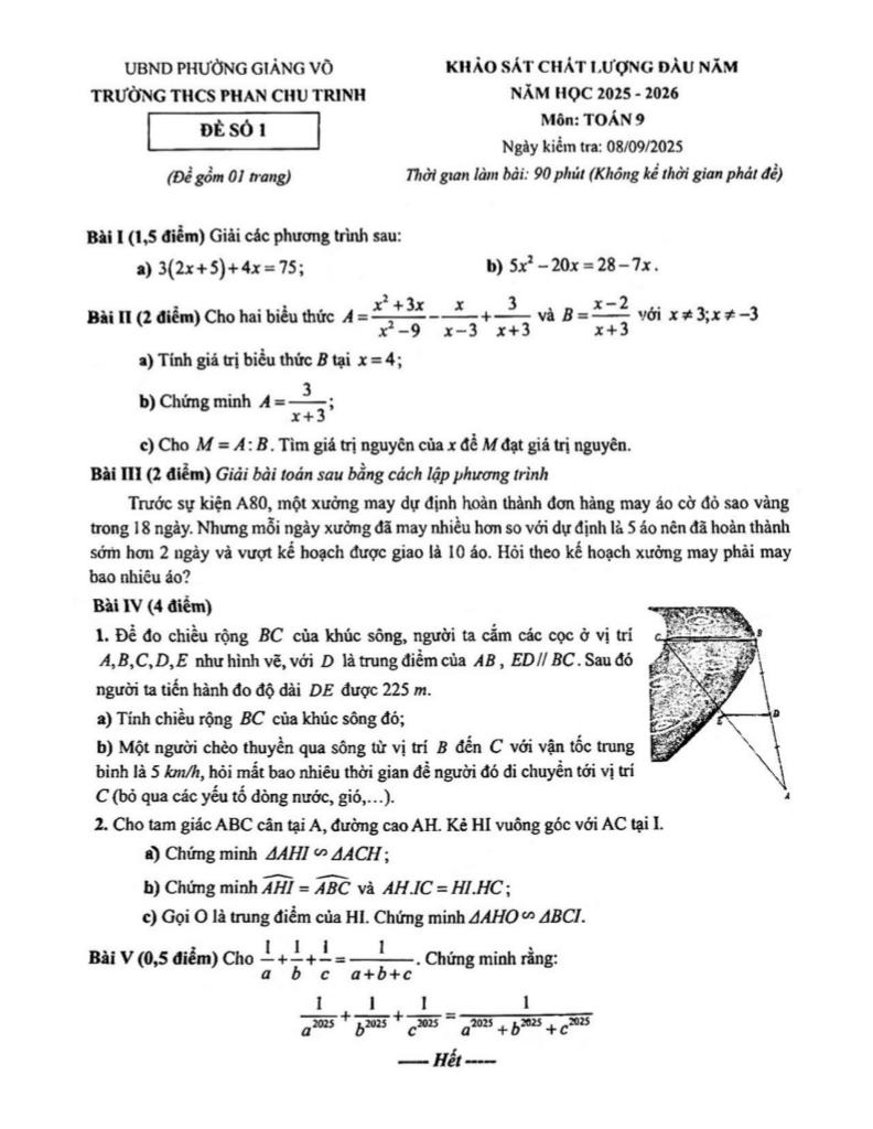 đề khảo sát toán 9 đầu năm 2025 – 2026 trường thcs phan chu trinh – hà nội