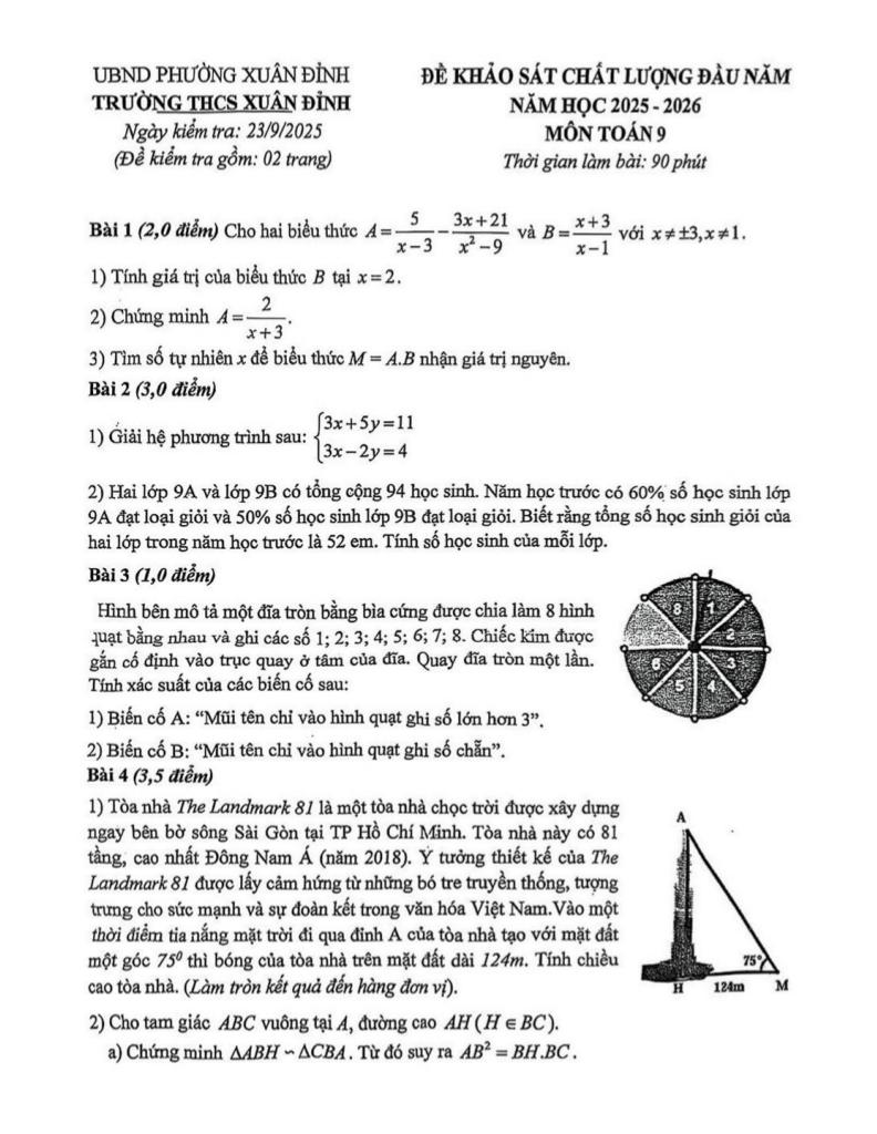 đề khảo sát toán 9 đầu năm 2025 – 2026 trường thcs xuân đỉnh – hà nội 0