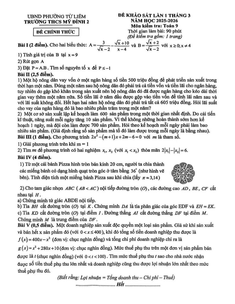 đề khảo sát toán 9 lần 1 tháng 3 năm 2026 trường thcs mỹ đình 2 – hà nội