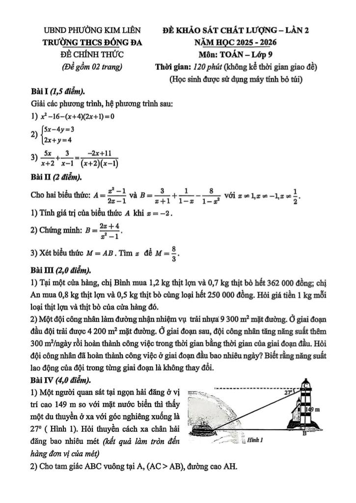 đề khảo sát toán 9 lần 2 năm 2025 – 2026 trường thcs đống đa – hà nội 0