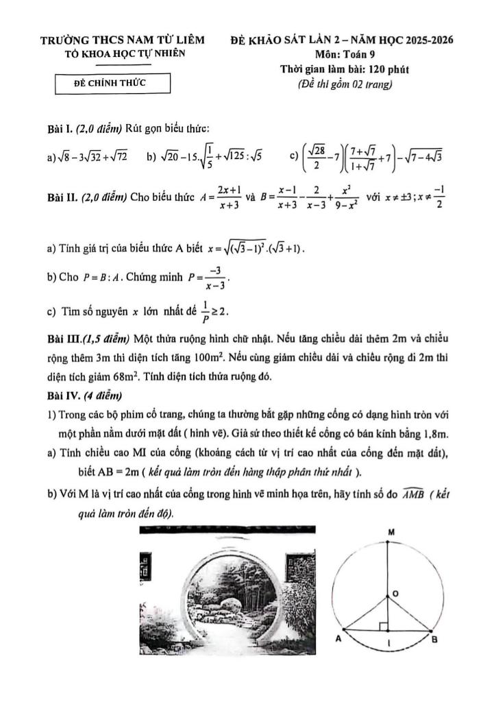 đề khảo sát toán 9 lần 2 năm 2025 – 2026 trường thcs nam từ liêm – hà nội 0