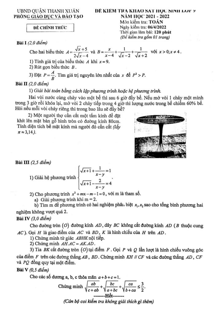 đề khảo sát toán 9 năm 2021 – 2022 phòng gd&đt thanh xuân – hà nội