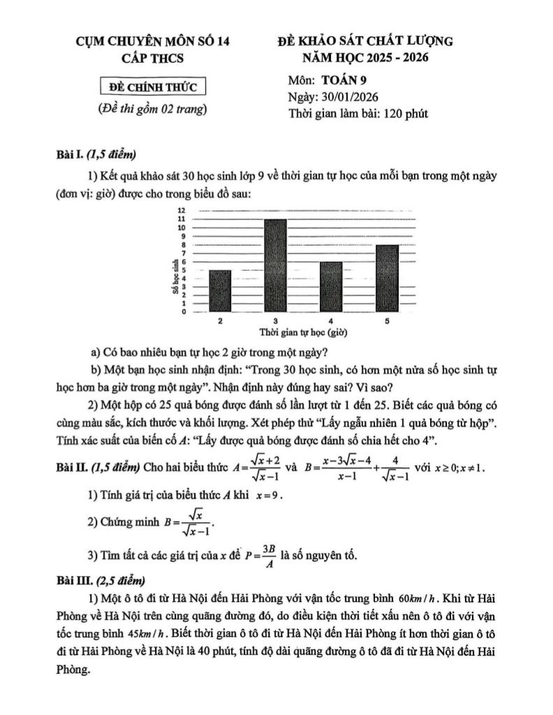 đề khảo sát toán 9 năm 2025 – 2026 cụm chuyên môn số 14 – hà nội - hình 1